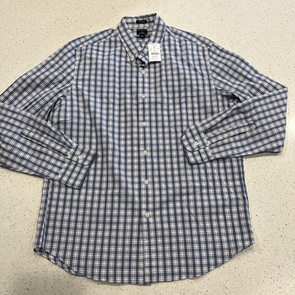NWT J. CREW Flex Washed Classic Fit Men's Blue Plaid Button Down Size L NWT